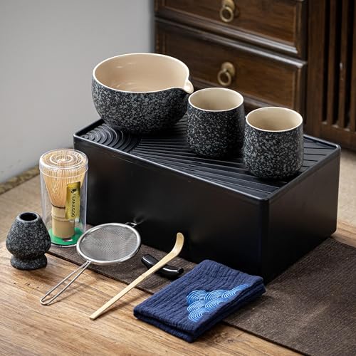TEANAGOO 12 Pcs Matcha Whisk Set Black,Ceramic Matcha Set,Matcha Kit for Ceremony,Complete Travel Matcha Tea Set,Matcha Set Whisk and Bowl with 2 Cups(7.2oz)/Traveling Bag,Gifts for Matcha Lover - Image 1