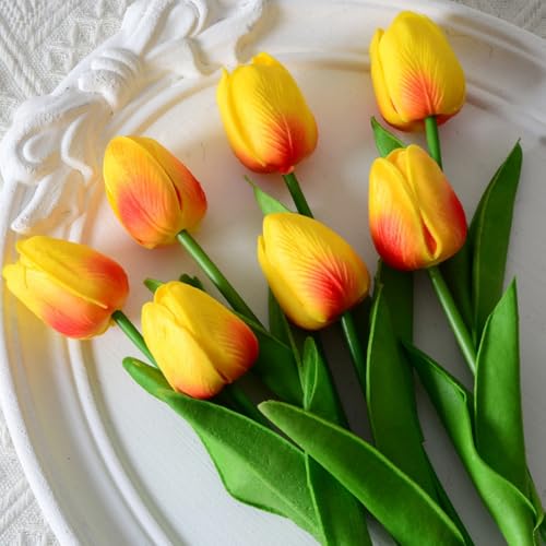 SHINE-CO LIGHTING Artificial Tulips 10Pcs Real Touch Fake Tulips PU Flower Arrangement Bouquets for Home Party Decoration (Orange) - Image 2