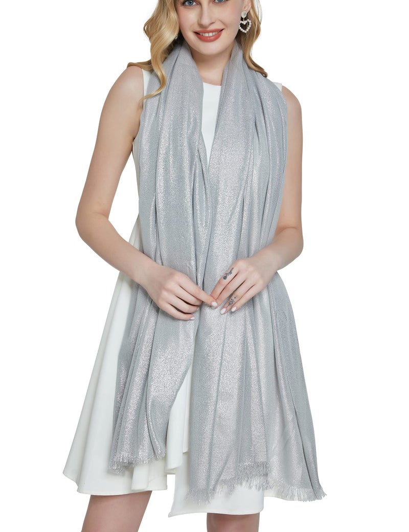 PANTONIGHT Women's Sparkling Metallic Evening Shawl Lightweight Wedding Shawl Extra Large Dressy Shawls and Wraps for Party (LIGHT GREY SILVER 2510) - Image 3