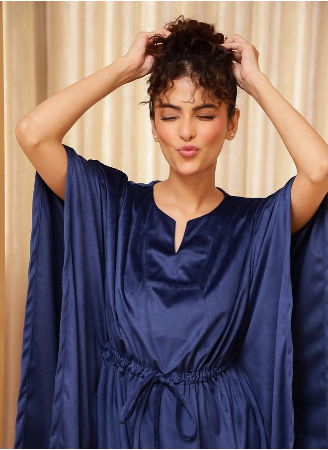 sanskrutihomes Velvet Notch Neck Kaftan Nightdress with Ruched Detail by Styli  - Image 4