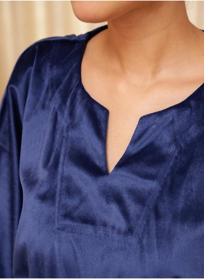 sanskrutihomes Velvet Notch Neck Kaftan Nightdress with Ruched Detail by Styli  - Image 5