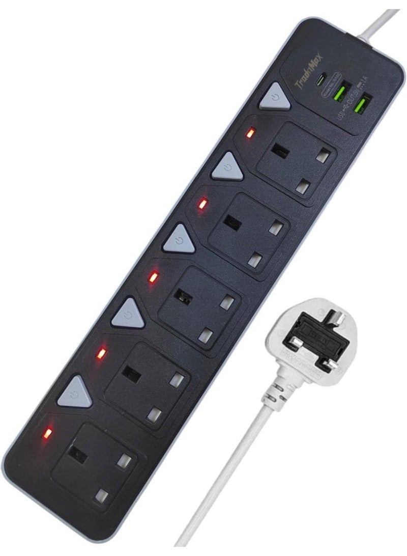 تراداماكس توصيلة كهربائية 5 متر توصيلة كهربائية 5 مقابس طاقة و2 مخارج USB  , ومخرج من نوع Type-C شريط طاقة بجهد 2000 واط حماية من الحمل الزائد لمزيد من السلامة - Image 1