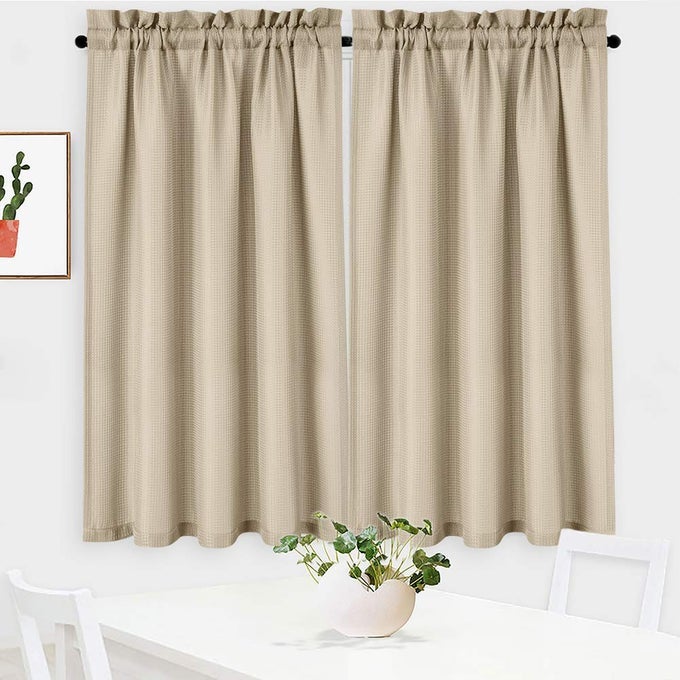 WAFFLE WOVEN TEXTURED SHORT CURTAINS FOR KITCHEN WATERPROOF WINDOW COVERING FOR BATHROOM 30 X 45 PLAZA TAUPE SET OF 2