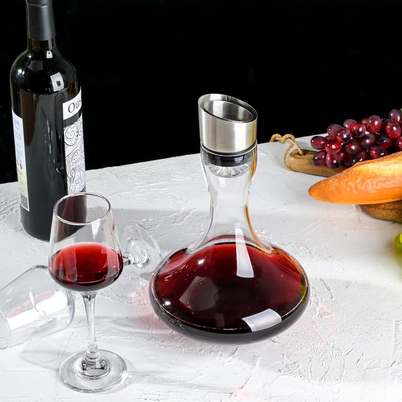 Wlasss Hand Blown Wine Decanter with Aerator, 1300ml/44oz Red Wine Decanter, Crystal Wine Carafe with Stainless Steel Pour Lid and Filter, Elegant Design Easy Pour, Wine Aerator Wine Gifts - Image 5