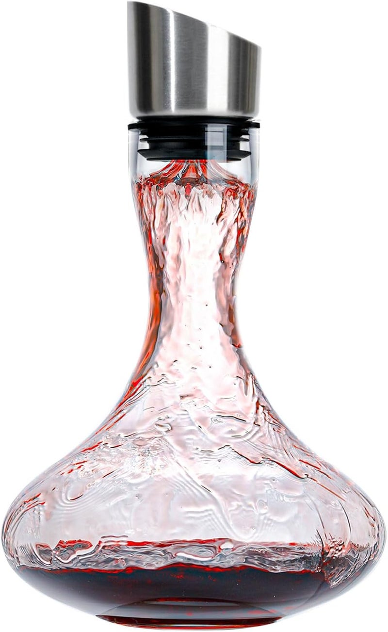 Wlasss Hand Blown Wine Decanter with Aerator, 1300ml/44oz Red Wine Decanter, Crystal Wine Carafe with Stainless Steel Pour Lid and Filter, Elegant Design Easy Pour, Wine Aerator Wine Gifts - Image 1