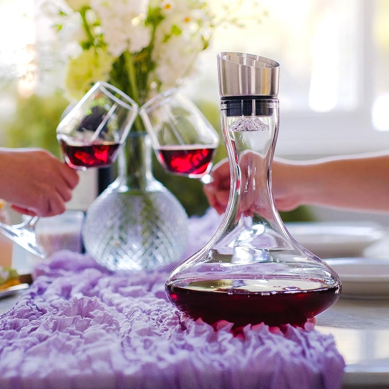 Wlasss Hand Blown Wine Decanter with Aerator, 1300ml/44oz Red Wine Decanter, Crystal Wine Carafe with Stainless Steel Pour Lid and Filter, Elegant Design Easy Pour, Wine Aerator Wine Gifts - Image 2