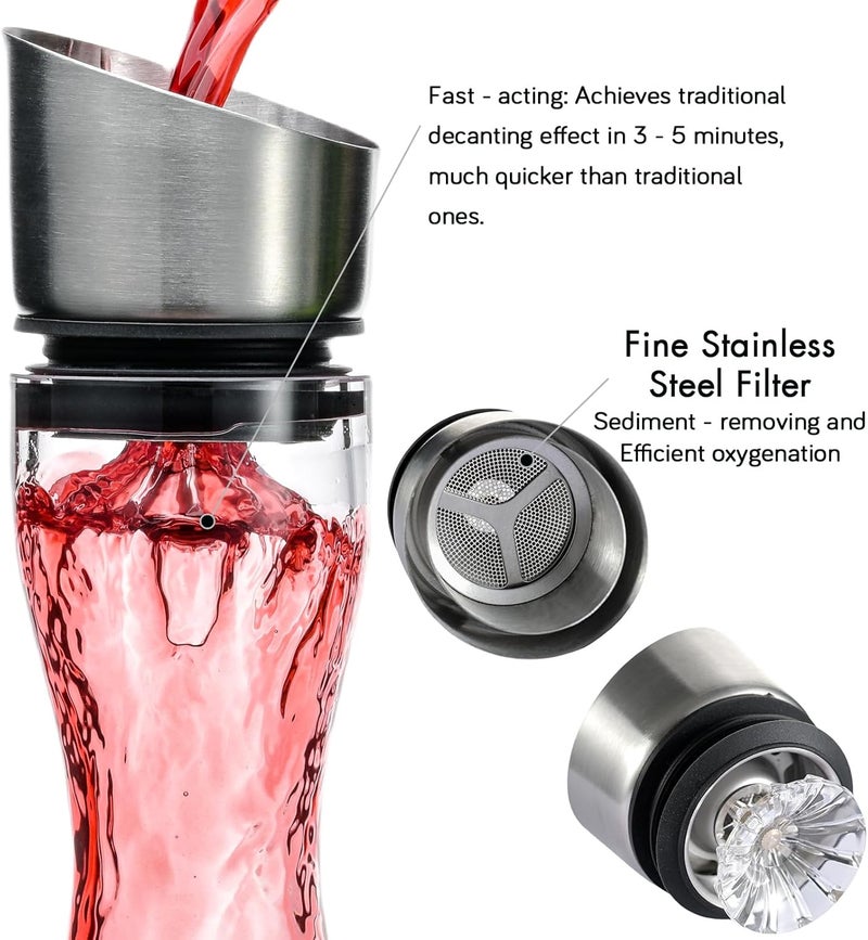 Wlasss Hand Blown Wine Decanter with Aerator, 1300ml/44oz Red Wine Decanter, Crystal Wine Carafe with Stainless Steel Pour Lid and Filter, Elegant Design Easy Pour, Wine Aerator Wine Gifts - Image 4