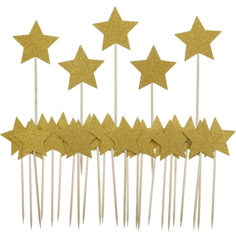 Gold Star Cake Cupcake Decorations Toppers Picks Supplies, Appetizer Picks, 30 Counting by Bilipala