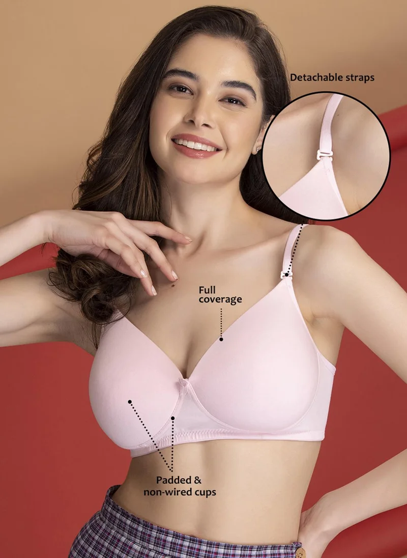 Clovia Clovia Padded Non-Wired Full Coverage Multiway T-Shirt Bra in Baby Pink- - Cotton