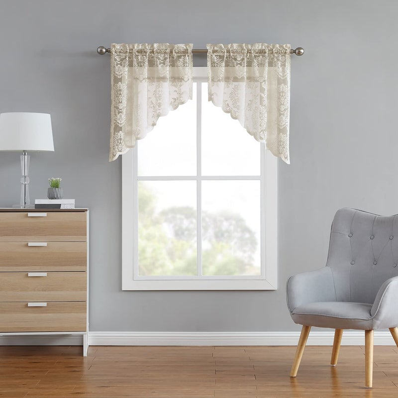 LinenZone LinenZone Lace Kitchen Swags Lace Window Treatment for Kitchen or Small Window Lace Swags Can Be Combined with Matching Tiers or Valance for a Charming Farmhouse Look Fiona 30 x 38 Linen 