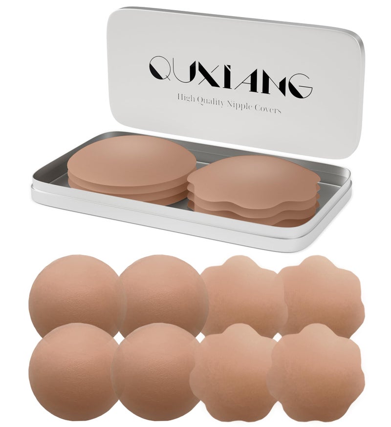 QUXIANG 4 Pairs Pasties Women Nipple Covers Reusable Adhesive Silicone Nippleless Covers Bra for Dress Coffee (2 Round+2 Flower) - Image 1