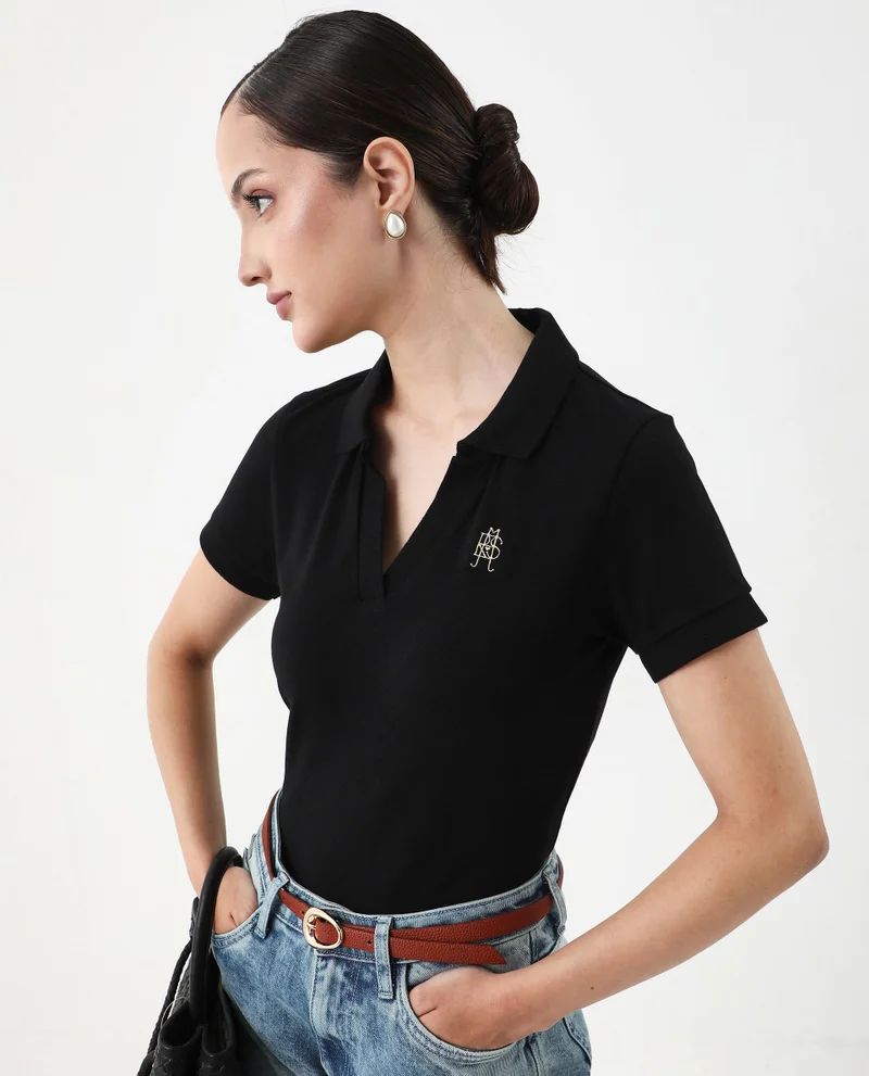 Rareism Rareism Women Van Black Cotton Lycra Fabric Short Sleeve Polo Collar Plain Polo
