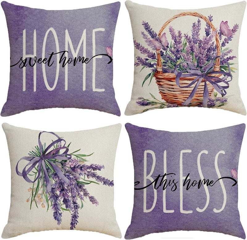 F Finerease Farmhouse Purple Throw Pillow Cover - 18 x 18 Lavender Floral Throw Pillow Case - 4 Pack Linen Square Pillow Cushion Cover, Great for Couch, Patio, Chair, Yard, Livingroom,Outdoor and More Home Decor - Image 1