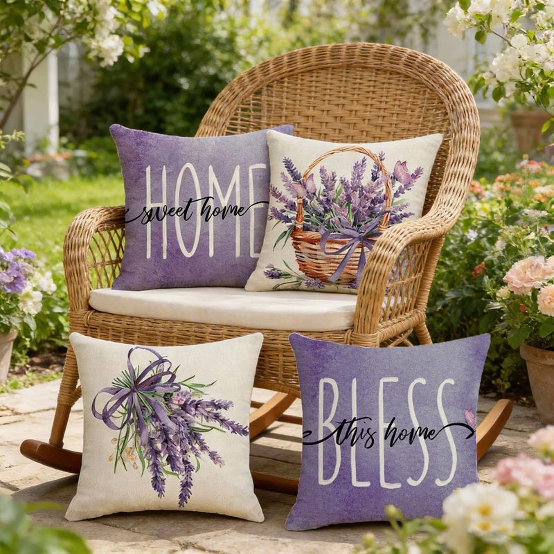 F Finerease Farmhouse Purple Throw Pillow Cover - 18 x 18 Lavender Floral Throw Pillow Case - 4 Pack Linen Square Pillow Cushion Cover, Great for Couch, Patio, Chair, Yard, Livingroom,Outdoor and More Home Decor - Image 4