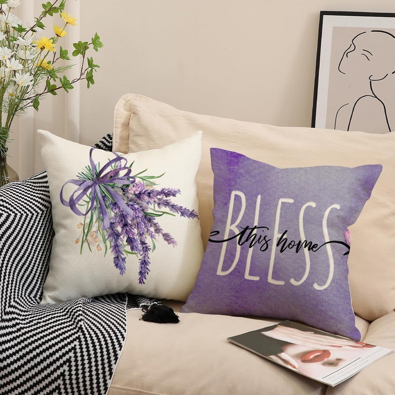 F Finerease Farmhouse Purple Throw Pillow Cover - 18 x 18 Lavender Floral Throw Pillow Case - 4 Pack Linen Square Pillow Cushion Cover, Great for Couch, Patio, Chair, Yard, Livingroom,Outdoor and More Home Decor - Image 3