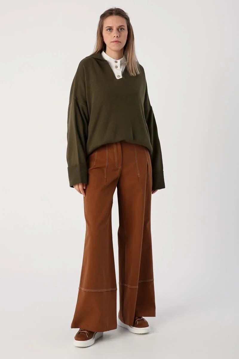 Allday Light Brown-Garni Stitched Wide Leg Trousers