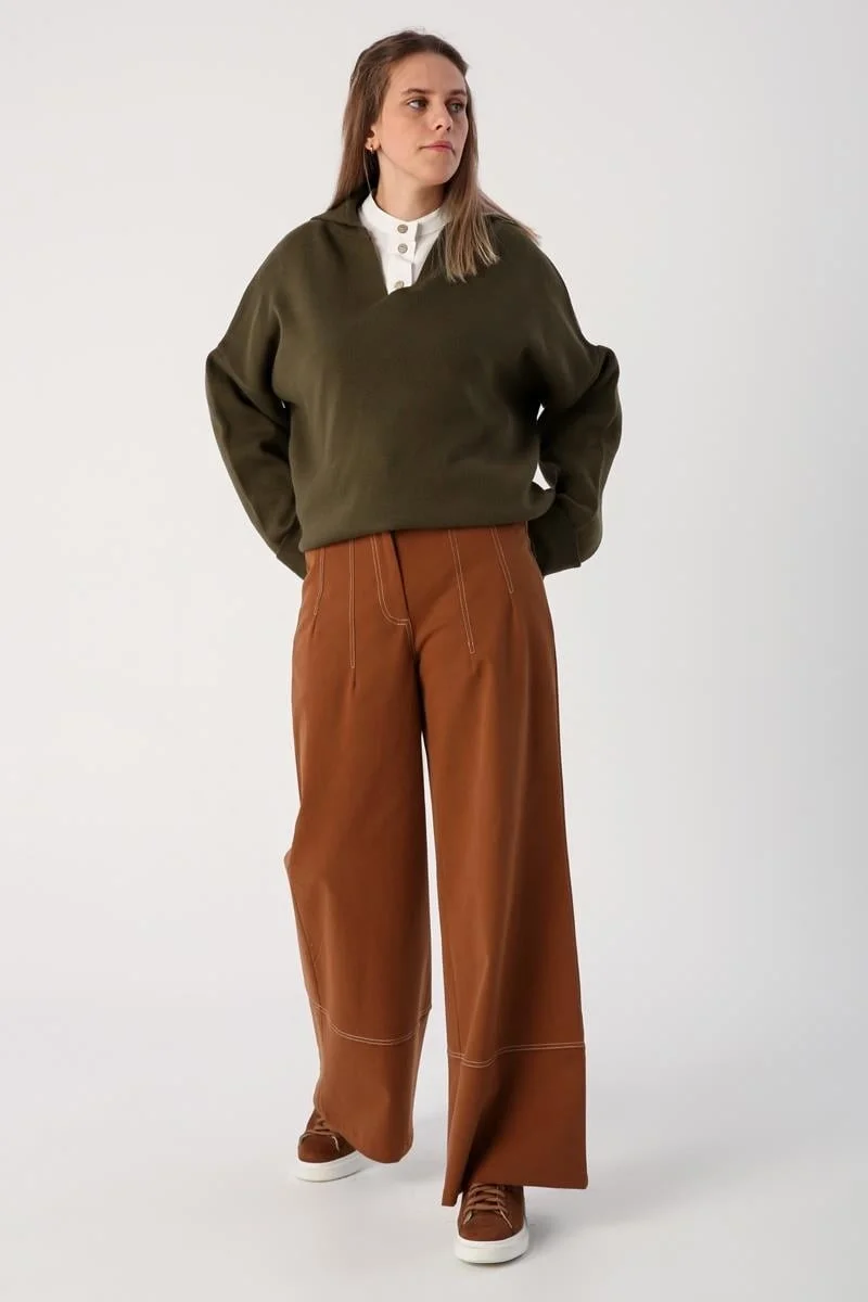 Allday Light Brown-Garni Stitched Wide Leg Trousers