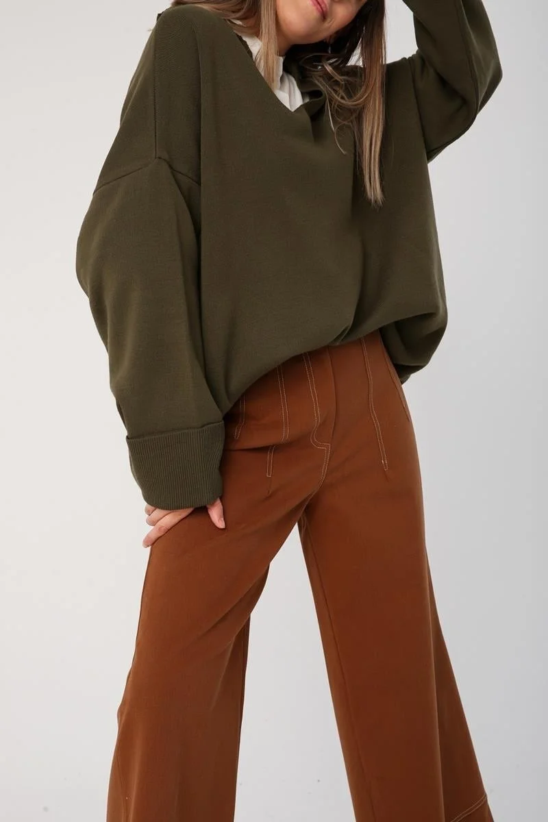 Allday Light Brown-Garni Stitched Wide Leg Trousers