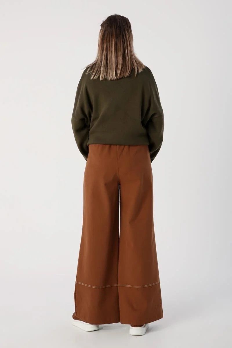 Allday Light Brown-Garni Stitched Wide Leg Trousers
