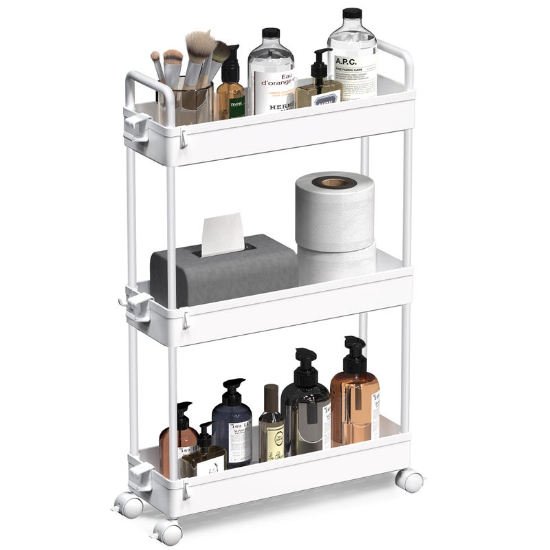 SOLEJAZZ Slim Rolling Storage Cart with Wheels 3 Tier Skinny Bathroom Storage Organizer Thin Laundry Room Utility Cart SpaceSaving for Bedside Kitchen Office Small Narrow Places White