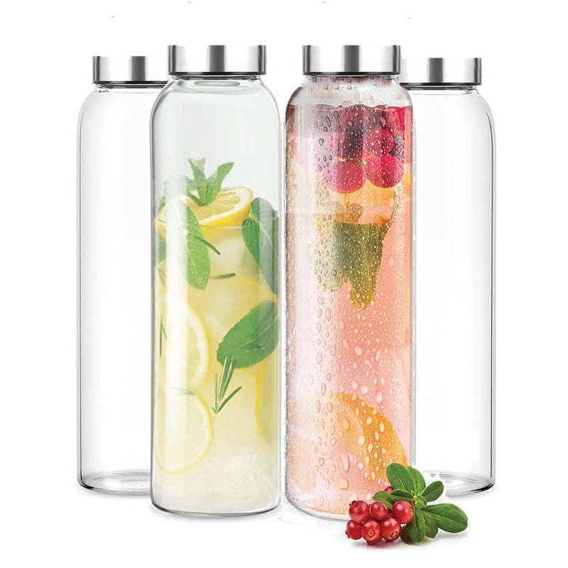 Vency 800ml Glass Water Bottles with Stainless Steel Caps | Leak-Proof, Wide Mouth, Easy to Clean | Perfect for Office, School & College | Set of 4 - Image 1
