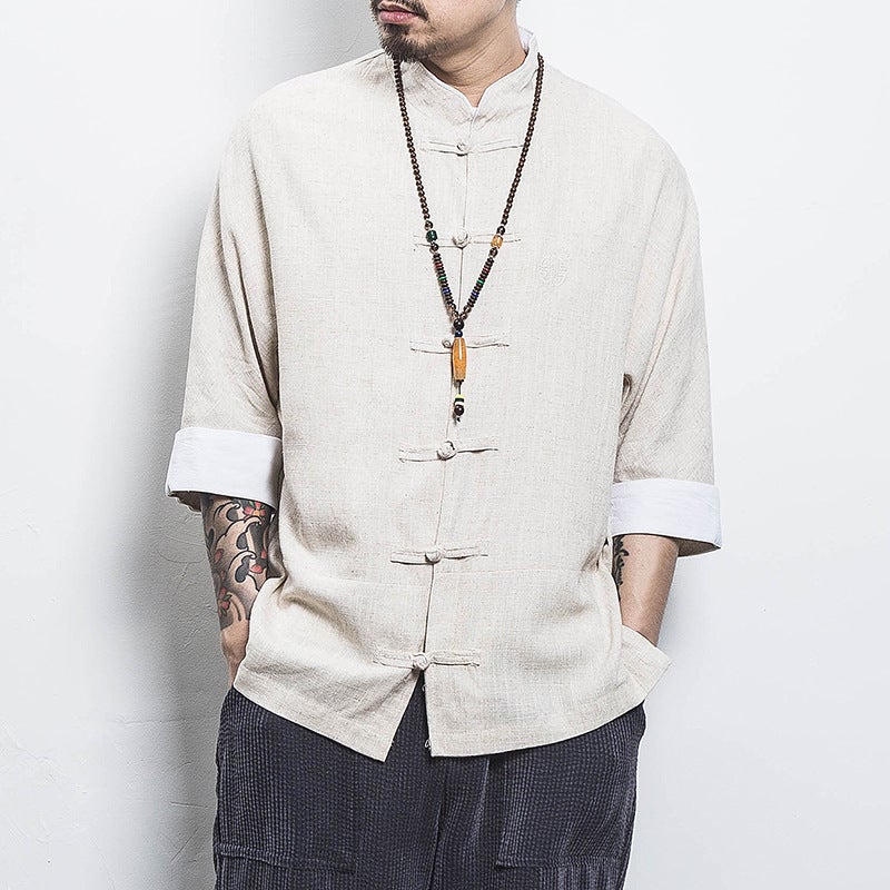 Chinese Embroidered Tang Suit Mens Seven-Sleeve Shirt Summer Chinese Style Mens Half-Sleeve Cotton Linen Chinese Tunic Coat Hemp true color