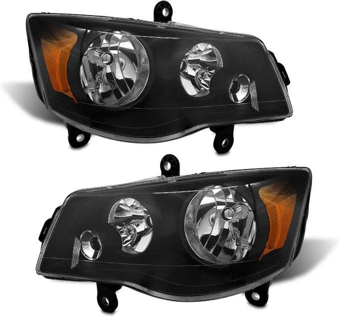 Headlight Assembly For 2011-2018 Dodge Grand Caravan & 2008-2016 Chrysler Town & Country - Black Housing With Amber Reflector