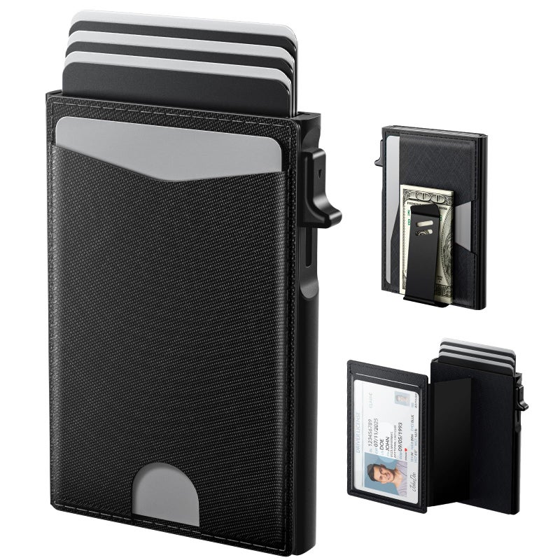 typecase Flip Pop Up Wallet for Men Card Holder: Smart Privacy & lD Display Mode, RFID Blocking, Slim Genuine Leather, Minimalist Front Pocket - 8 Cards Capacity | ID Window | Money Clip (Black) - Image 1