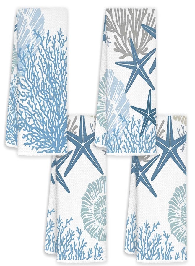 JINYO Beach Kitchen Towels Set of 4, Blue Seashell Coral Starfish Coastal Beach Ocean Hand Towels for Bathroom Kitchen Decor, Summer Nautical Decorative Dish Tea Towels - Image 1