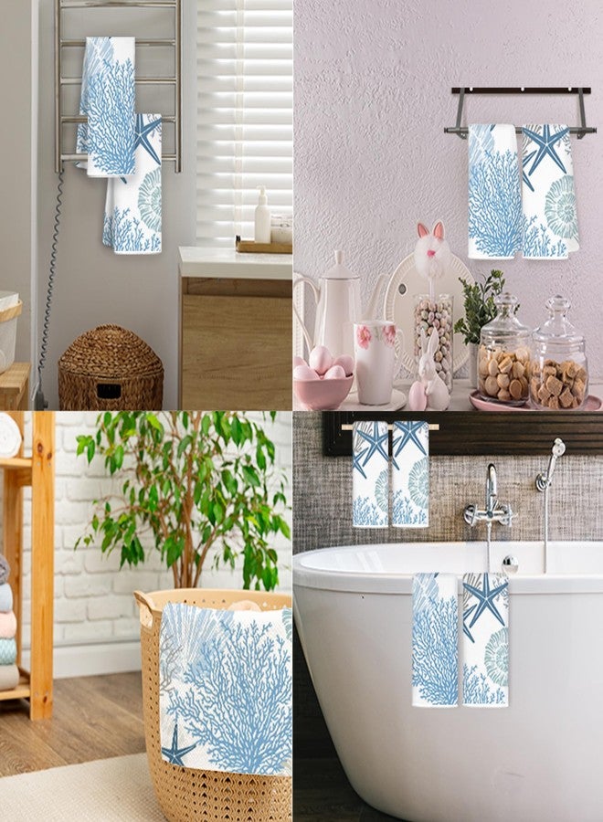JINYO Beach Kitchen Towels Set of 4, Blue Seashell Coral Starfish Coastal Beach Ocean Hand Towels for Bathroom Kitchen Decor, Summer Nautical Decorative Dish Tea Towels - Image 3