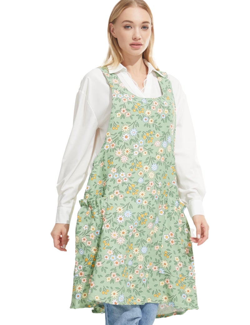 APRONNER Cozy Adjustable Cross Back Aprons for Women with Pockets Cotton Linen Cooking Kitchen Baking Green Sunflower - Image 1