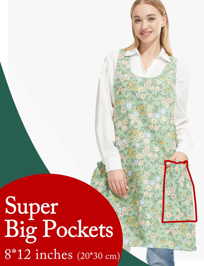 APRONNER Cozy Adjustable Cross Back Aprons for Women with Pockets Cotton Linen Cooking Kitchen Baking Green Sunflower - Image 2