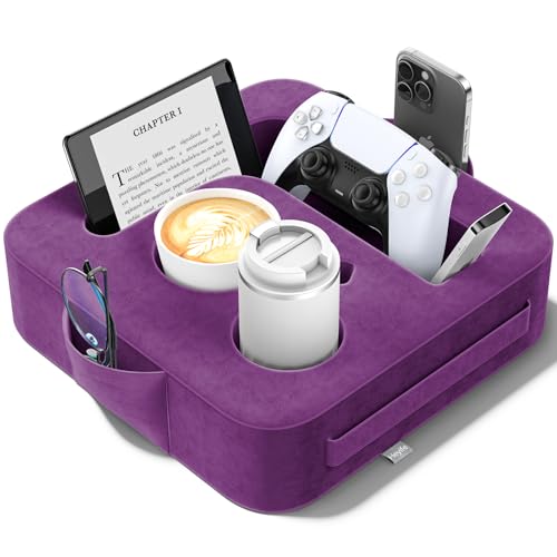 Heyife Couch Cup Holder Pillow, Sofa and Bed Caddy for iPad, Kindle, Switch, Game Controller, Remotes, Phones, Small-Sized Cup & Drink Holder for Couch, Bed, Desk, Car, Beach, Bathroom Cup Holder Purple - Image 1