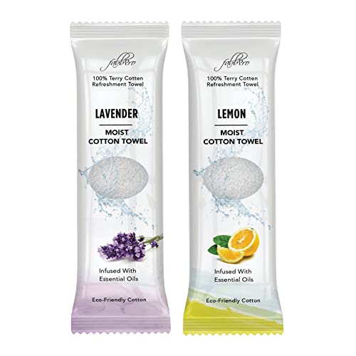 FabbPro Oshibori Moist Terry Cotton Refreshment Towels (50 Pack, 8 x 8 Inches) - White Mildly Scented Pre-moistened Towel to Use Hot or Cold - Lemon & Lavender Scent Bundle of 25 each - Image 1