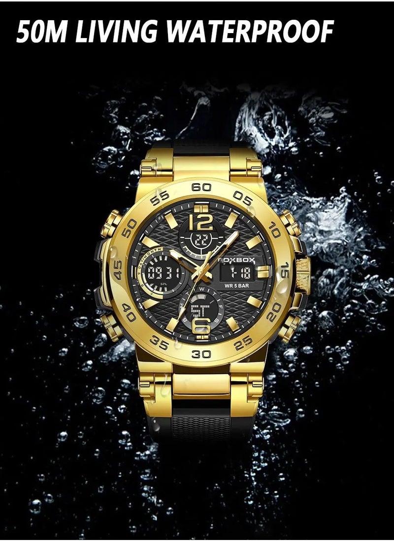 FOXBOX - Dual Display Electronic Watch, Fashionable And Cool Multifunctional Silicone Glow Men's Watch, Sport Leisure Waterproof Business Watch, Military Wrist Watch For Men, (Black) - Image 1