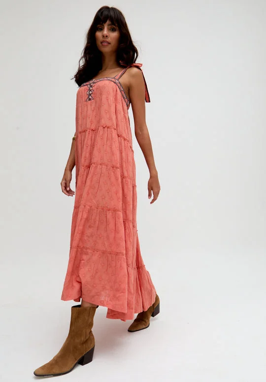 رافاي Isla Tiered Embroidered Maxi Dress In Orange