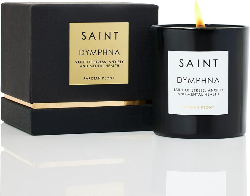 SAINT Dymphna Scented Candle with Prayer, Prayer Coin, and Holy Oil, Saint of Stress, Anxiety, and Mental Health, Soy Coconut Aromatherapy Candle with 50 Hour Burn Time