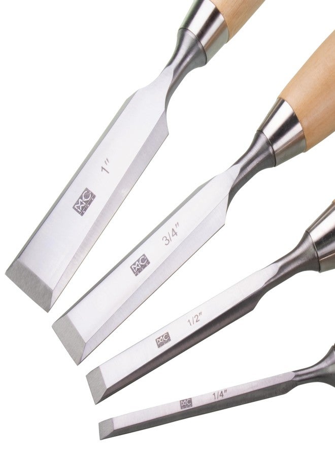 MKC 4 Piece Bevel Edge Butt Chisel Set 1/4 inch(6mm), 1/2 inch(12mm), 3/4 inch(20mm), 1 Inch(26mm) with Hornbeam Handles and Stainless Steel Ferrules - Image 2