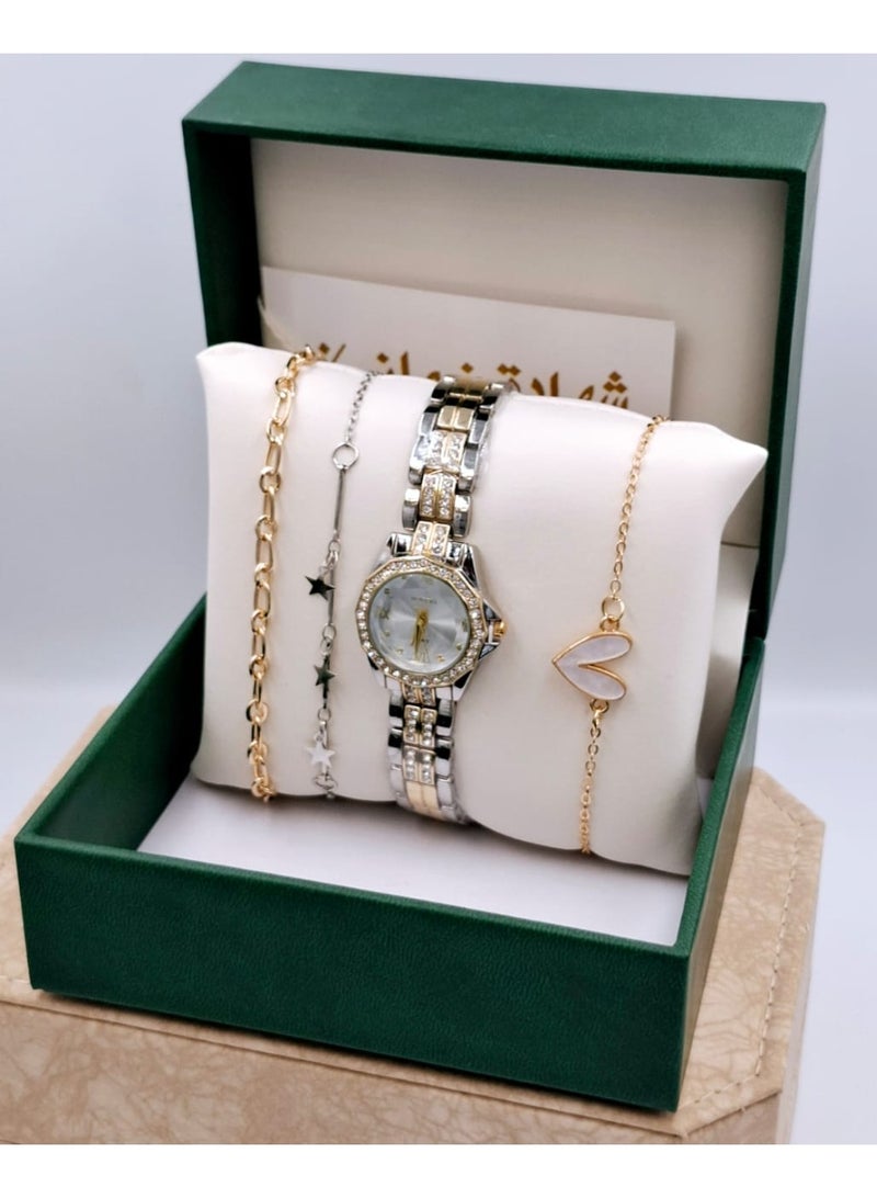 فاندر بلو طقم  ساعة نسائي أنيق يتضمن ساعة ذهبية مع ثلاثة أساور متناسقة في علبة فاخرة.