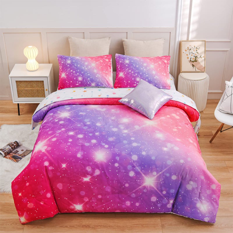 A Nice Night A Nice Night 6Pcs Gradient Glitter Bedding Set for Girls Colorful Rainbow Galaxy Comforter Set Ultra Soft Bedding Sets PinkPurpleTwin 6Pcs
