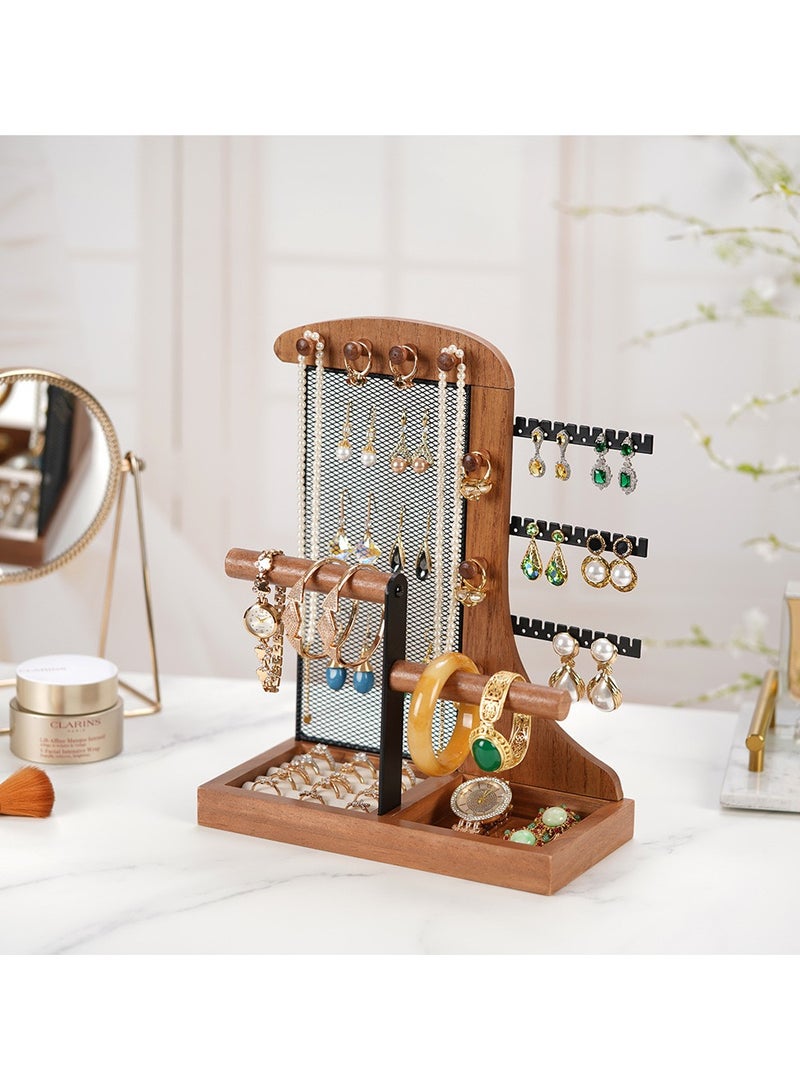 حامل منظم للمجوهرات مع صينية خاتم مخملية وإطار معدني قوي للقلادة والأقراط والأساور وعرض العطور ورف تخزين برج المجوهرات على شكل شجرة وصينية خشبية قابلة للإزالة للنساء - Image 1