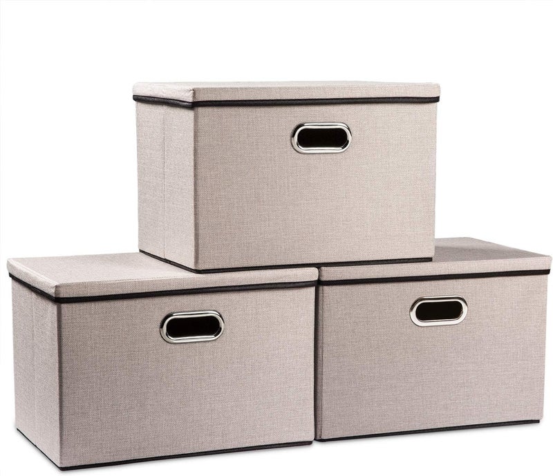 PRANDOM Large Foldable Storage Bins with Lids [3-Pack] linenFabric Decorative Storage Boxes Organizer Containers Baskets Cube with Handles Divider for Bedroom Closet Office Light Grey(17.7x11.8x11.8) - Image 1