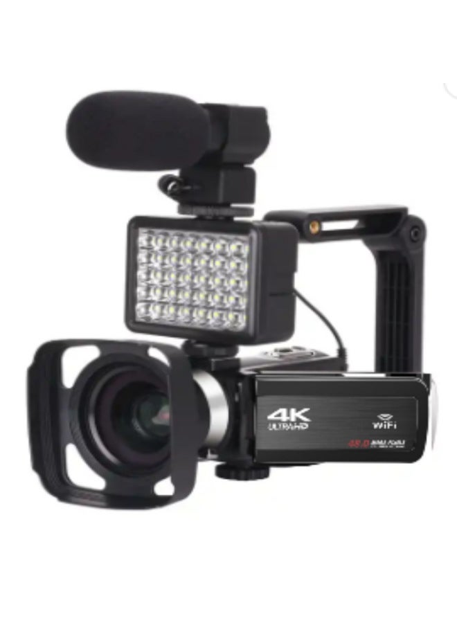 Generic Products 4K Camera Suitable For 48MP HD Digital Camera Video Recorder, With Microphone Touch Screen-Body Color:Black + Wide-angle Lens 1x Wide + Microphone + Handheld Stabilizer + Battery (2 Pieces In Total) + Dual Charging + Fill Light  - Image 1