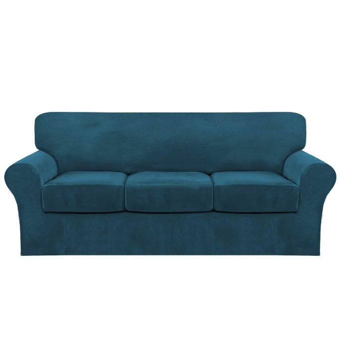 4 PIECE SOFA VELVET COUCH COVERS FOR 3 CUSHION STRETCH SLIPCOVER WITH INDIVIDUAL SEAT CUSHION ELASTIC FURNITURE PROTECTOR FOR PETS MACHINE WASHABLE SOFA DEEP TEAL