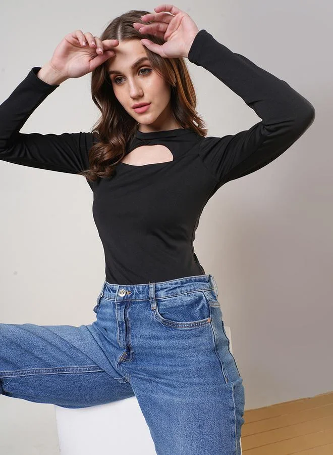 globus Women Black Solid Keyhole Neck Bodysuit Top