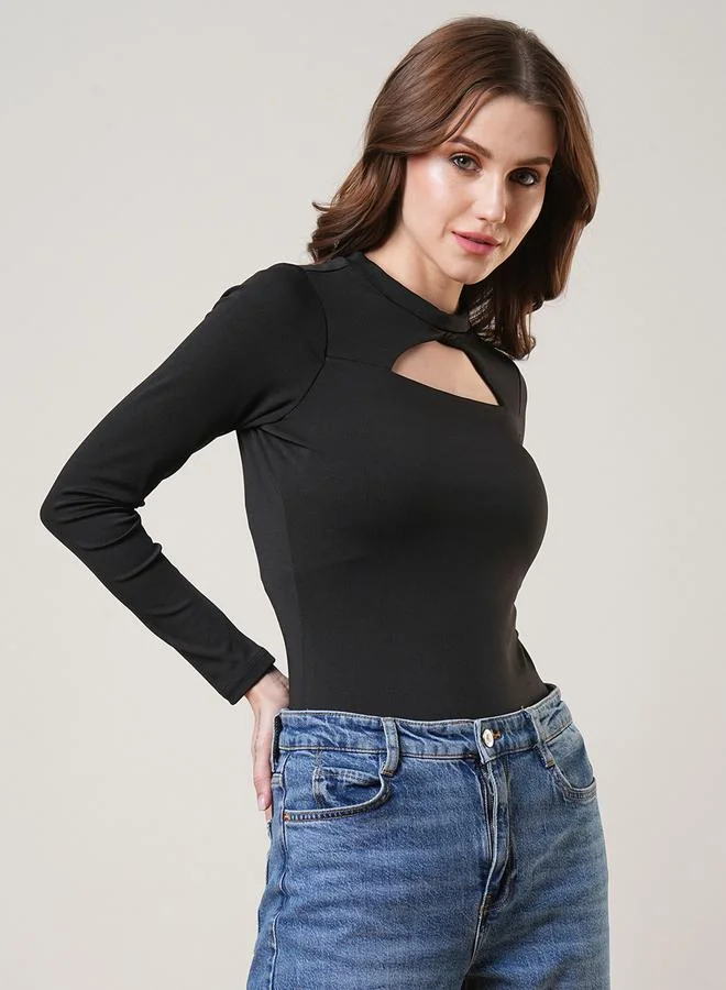 globus Women Black Solid Keyhole Neck Bodysuit Top