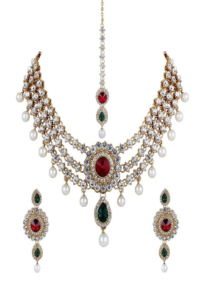 Shining Diva Gold Plated Party Wear Bridal Kundan Traditional Jewellery Set with Maang Tikka and Earrings (Red) (7929s) for Women - Image 1
