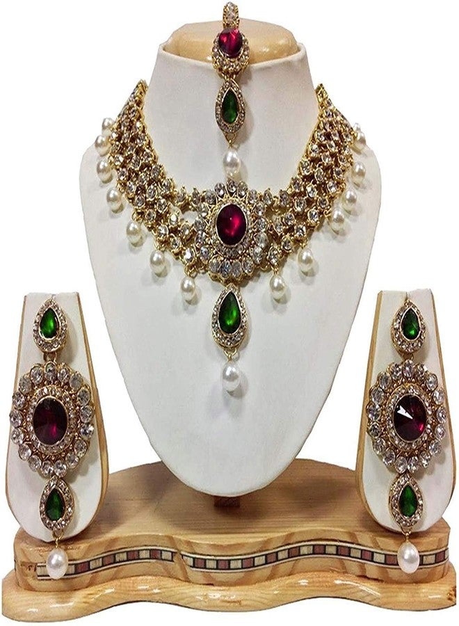 Shining Diva Gold Plated Party Wear Bridal Kundan Traditional Jewellery Set with Maang Tikka and Earrings (Red) (7929s) for Women - Image 2
