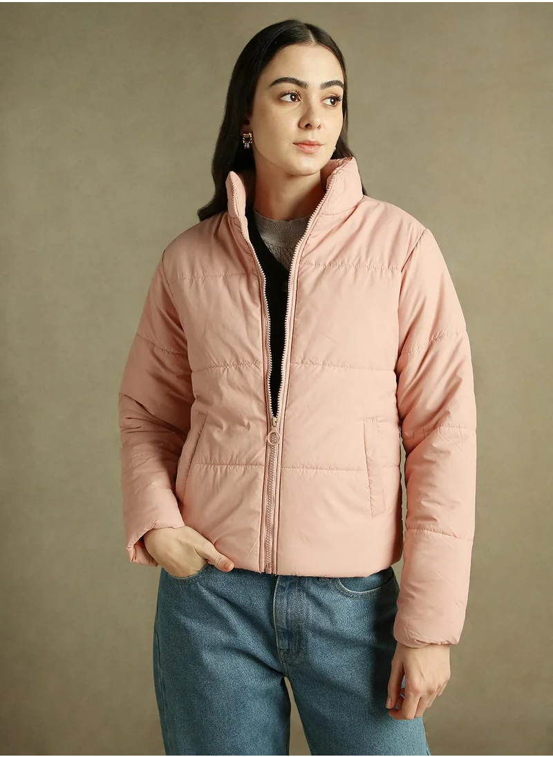 Dennis Lingo Women's Peach 100% Polyester Solid Regular Fit Jacket