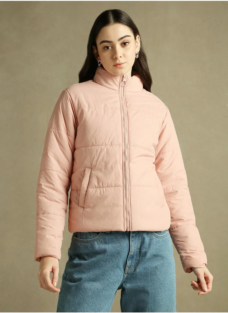 Dennis Lingo Women's Peach 100% Polyester Solid Regular Fit Jacket